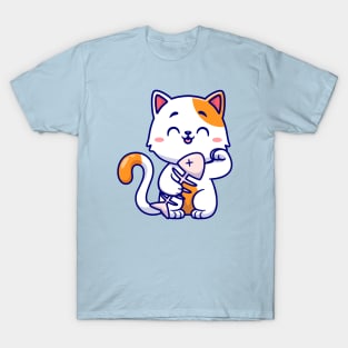 Cute Cat Holding Fishbone Cartoon T-Shirt